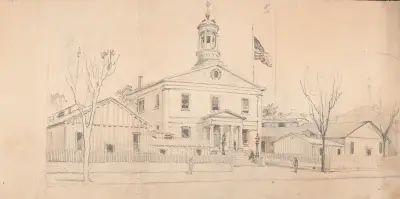 Courthouse or town hall surrounded by homes and outbuildings, American flag flying over roof at right av James Fuller Queen