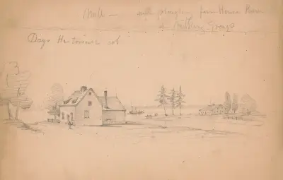 Days historical col. Mill – men ploughing farm house barn – milking group. von James Fuller Queen
