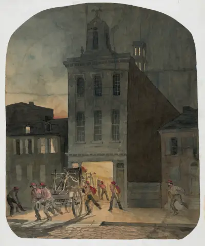 Firehouse scene in Philadelphia showing firemen from the Weccacoe Engine Company av James Fuller Queen