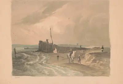 Man on horseback talking with a man carrying an oystering shovel on the shore of the Delaware River av James Fuller Queen