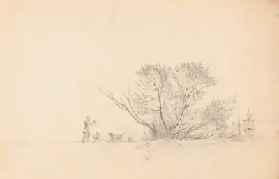 Man playing fetch with a dog near a cluster of trees, ship rigging under full sail visible on the right av James Fuller Queen