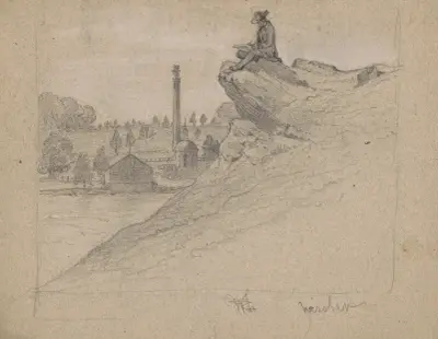 Man, sketching on rock, perhaps Queen, monument and circular building beyond av James Fuller Queen