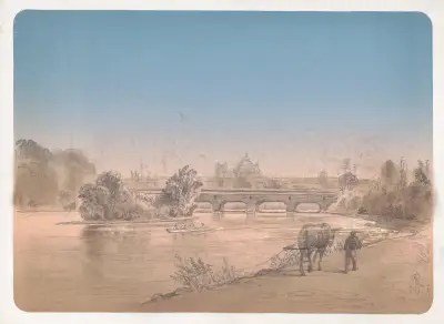 Man som går med mulåsna på en stig längs Schuylkill Rivers strand av James Fuller Queen