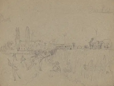 Men with rifles, possibly a duck hunting party, on the embankment of a river with marsh grasses along the shore av James Fuller Queen