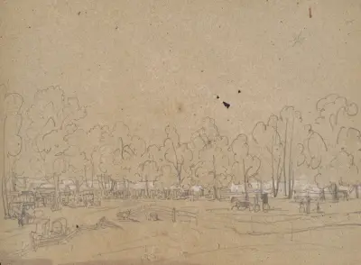 Grov skiss av en samling i skogen med kärror och vagnar och många hyddor eller tält under träden av James Fuller Queen
