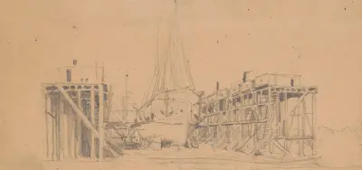Ship in dry dock, probably Navy Yard av James Fuller Queen
