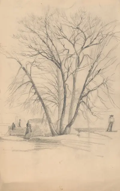 Sketch of a tree in winter beside a boulder at water’s edge, a man fishes from a wharf in the background av James Fuller Queen