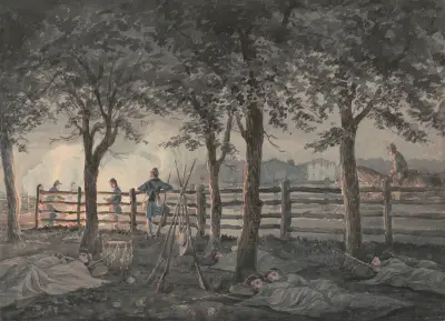 Sketches with Co. B, 8th Reg. Pa. Ma. under the officers of the old ‘Southwark Gaurd ‘the night in the apple orchard’ av James Fuller Queen