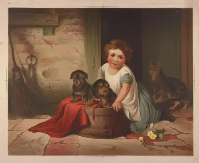 Kleines Mädchen, an einen umgestürzten Waschzuber gelehnt von James Fuller Queen