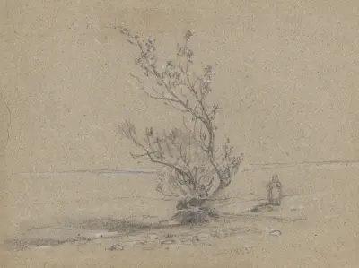 Liten flicka stående bredvid en grupp träd vid Delawareflodens strand av James Fuller Queen