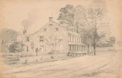 Stone tavern on a dirt road, smoke coming out of chimney at rear of building, sign at front shows a bird riding on the back of an animal av James Fuller Queen