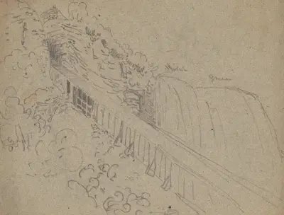 Tipple on mountain side extending from mine opening on upper left to bottom right av James Fuller Queen