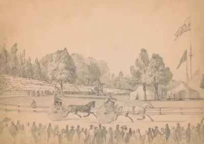 Two harness racing horses pulling their sulkies on race course von James Fuller Queen