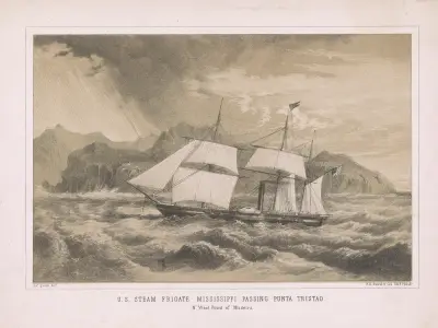U.S. steam frigate Mississippi passing Punta Tristao. N. west point of Madeira av James Fuller Queen