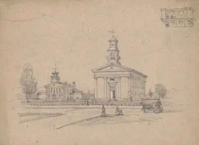 Oidentifierad kyrka intill ett hus i grekisk nyklassicistisk stil på en stadsgata med staket och fotgängare av James Fuller Queen
