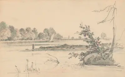Vattenlandskap med Delawareflodens strand och en segelbåt i mitten av James Fuller Queen