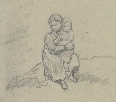A girl holds a child on her lap and sits on a small slope, the child has brought her hand to her mouth av Jakob Fürchtegott Dielmann