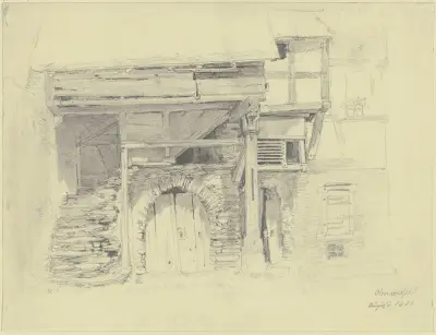 Altes Haus, Kellertor unter einer Treppe, die in einen Holzbau mit einer Säule führt av Jakob Fürchtegott Dielmann