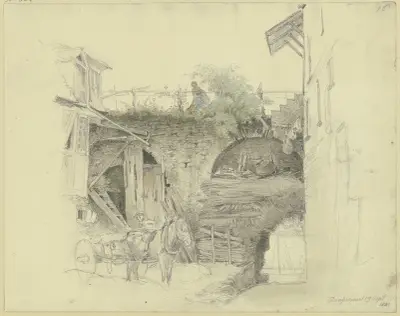 An der Stadtmauer hält ein Wagen, oben begießt ein Mädchen ihre Blumen von Jakob Fürchtegott Dielmann