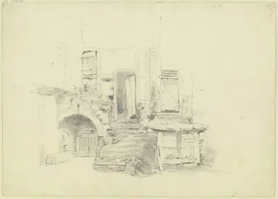 Bauernhaus auf altem Gemäuer, links das Kellertor, rechts der Schweinestall av Jakob Fürchtegott Dielmann