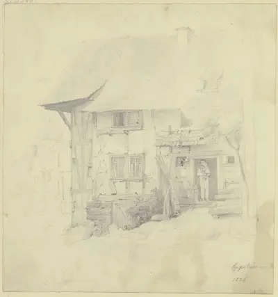 Bauernhaus in Eppstein, unter der Haustür steht ein Mann mit einem Kind auf dem Arm av Jakob Fürchtegott Dielmann