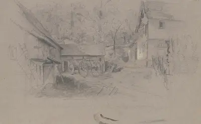 Bauernhof, links an den Ställen bei dem Mist steht ein Leiterwagen, rechts das Wohnhaus mit Zaun, im Hintergrund Bäume av Jakob Fürchtegott Dielmann