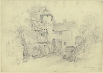 Bauernhof, rechts ein Wagen, Fässer und ein Korb av Jakob Fürchtegott Dielmann