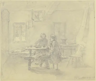 Bauernstube, zwei Maler beim Kaffee, der eine raucht eine Pfeife, der andere eine Zigarre av Jakob Fürchtegott Dielmann