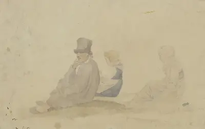 Ein Bauer mit einem Zylinderhut, eine Frau und ein Mädchen auf dem Boden sitzend, alle drei im Profil nach links av Jakob Fürchtegott Dielmann