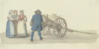 En bonde och tre kvinnor från Hunsrück vid en kärra, bakom en ko av Jakob Fürchtegott Dielmann