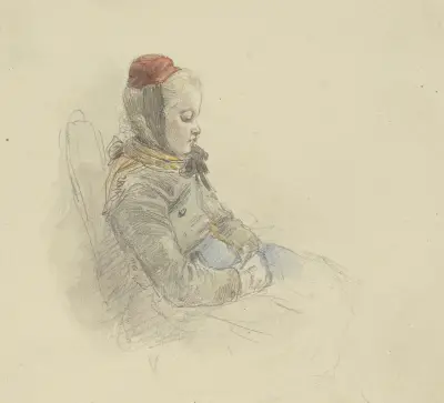 Flicka med nedslagen blick sittande på en stol, vänd åt höger av Jakob Fürchtegott Dielmann
