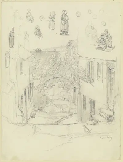 Studieblad; Vy över en gata i Kronberg, ovan olika figurstudier av Jakob Fürchtegott Dielmann