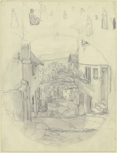 Studieblad; Vy över en gata i Kronberg, ovan olika figurstudier av Jakob Fürchtegott Dielmann