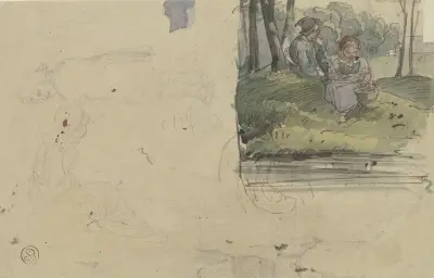 Studieblad; Figurer och en flicka med en pojke sittande i skogen av Jakob Fürchtegott Dielmann