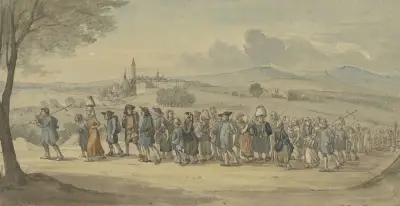 Walldürer-pilgrimer passerar staden Höchst vid Main av Jakob Fürchtegott Dielmann
