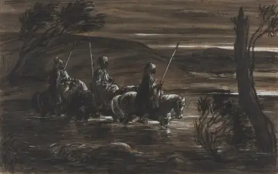 Three Arab Horsemen Crossing A River av Alexandre-Gabriel Decamps