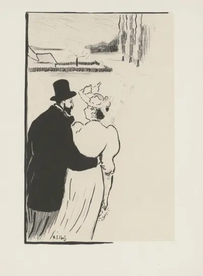 Couple en promenade sur un chemin conduisant à une maison av Henri-Gabriel Ibels