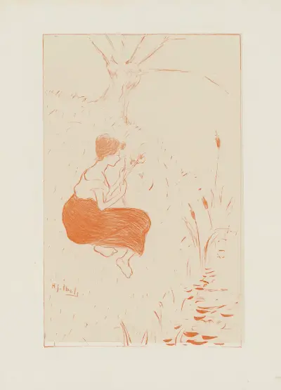Femme assise dans l’herbe faisant un bouquet de fleurs av Henri-Gabriel Ibels