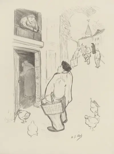 Homme dans la rue parlant avec une femme à son balcon av Henri-Gabriel Ibels