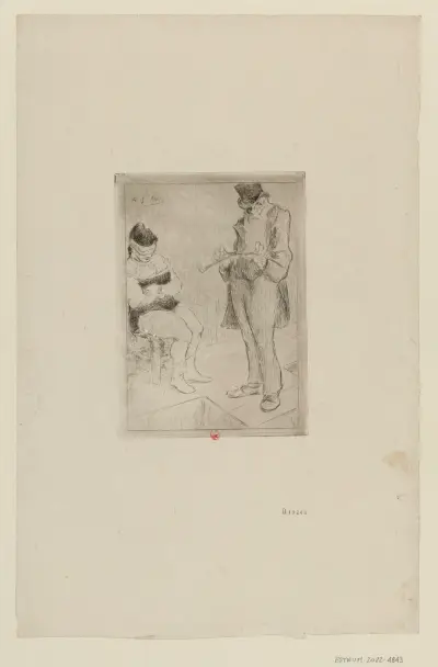 Spectacle – femme aux yeux bandés et homme en chapeau haut-de-forme tenant une badine av Henri-Gabriel Ibels