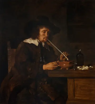 A smoker lighting his pipe av Gabriel Metsu