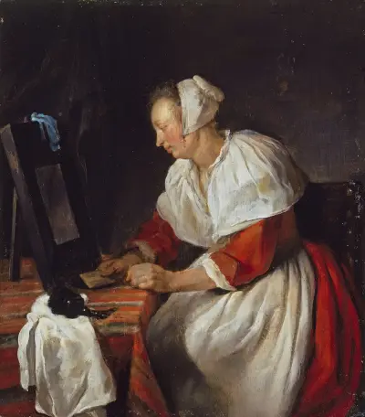 A Woman at her Mirror av Gabriel Metsu
