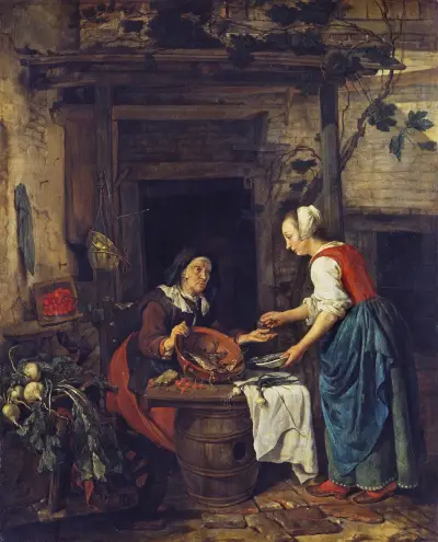 An Old Woman Selling Fish av Gabriel Metsu