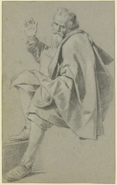 Bärtiger Mann sitzend nach links, die Rechte mit angewinkeltem Mittelfinger erhoben av Gabriel Metsu