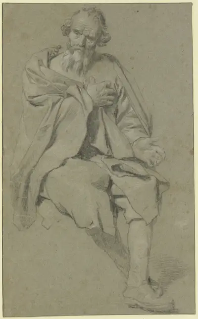 Bärtiger Mann sitzend nach rechts, die Rechte auf die Brust gelegt av Gabriel Metsu