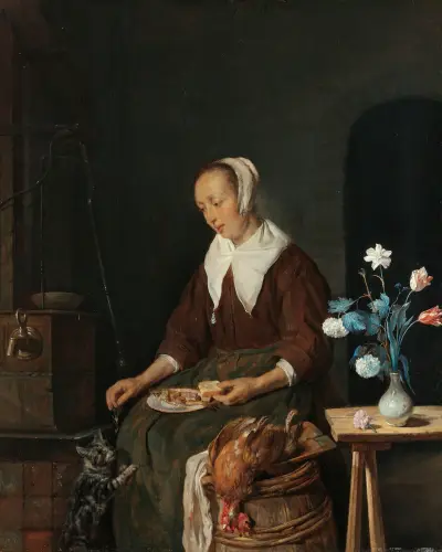 Woman Eating, Known as ‘The Cat’s Breakfast’ av Gabriel Metsu