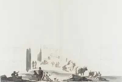 Figurer och djur i djup arkitektonisk miljö av Gaetano Gandolfi