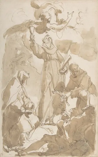 Sankta Margareta av Cortona, sankt Jakob av Marche och sankt Didacus av Gaetano Gandolfi