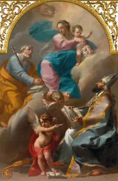 The Holy Family with Saint Augustine av Gaetano Gandolfi