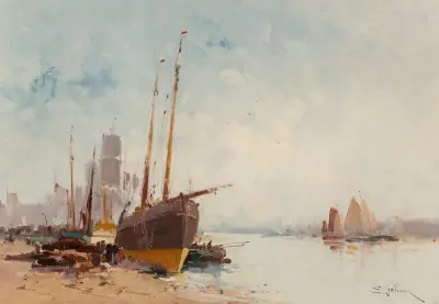 Båtar i hamn av Eugène Galien-Laloue